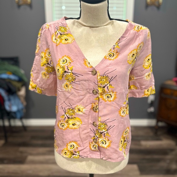 Madewell Womens XXS Linen Blend Plaza Button-Front Shirt in Dutch Dandelions - Picture 1 of 6
